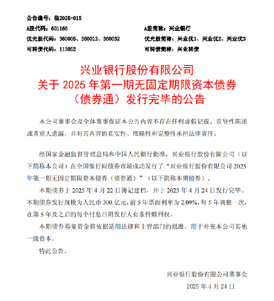 高忆管理 兴业银行：300亿元无固定期限资本债券(债券通)发行完毕